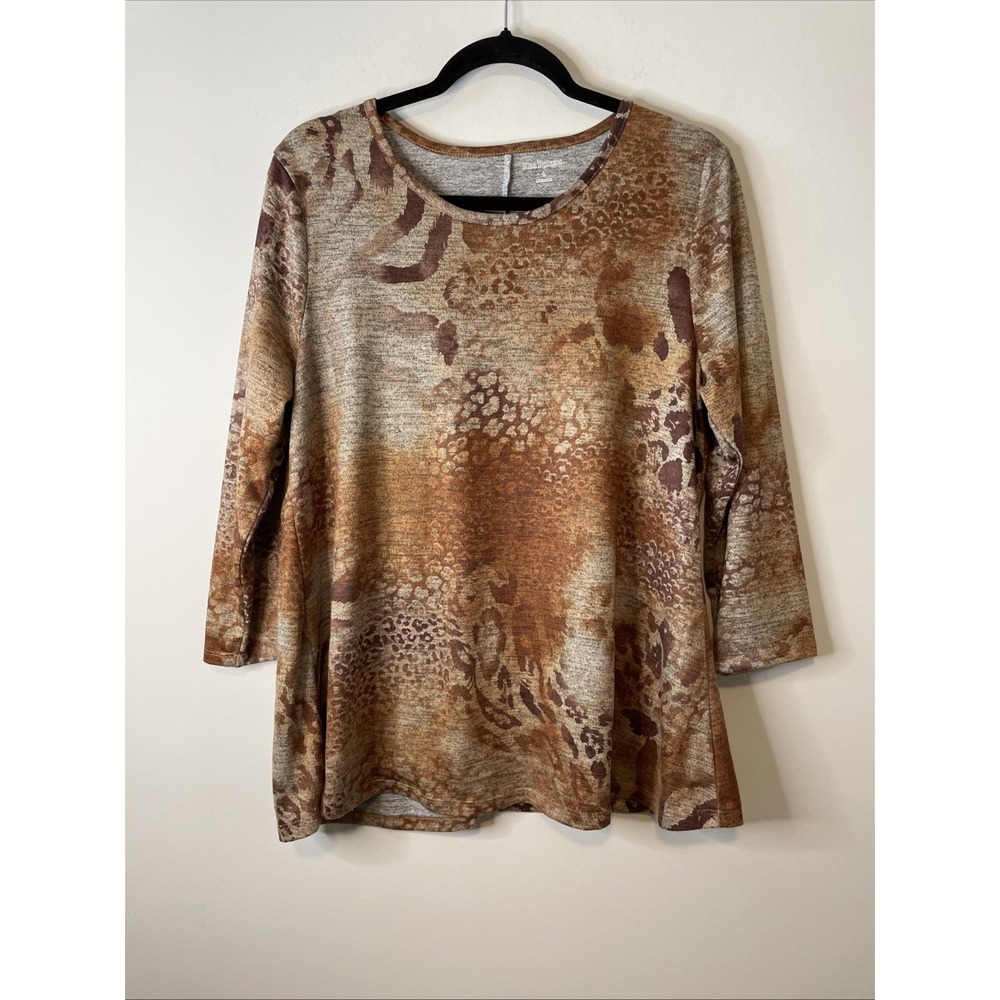 Kim Rogers‎ Women's Large Brown Animal Print Stretch Tunic Top 3/4 Sleeve